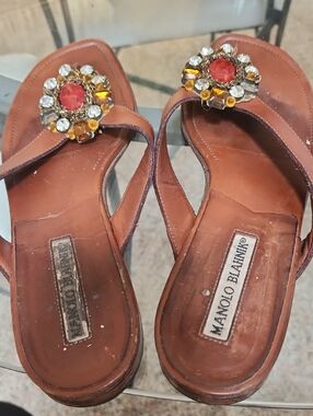 Manolo Blahnik Brown Leather Sandals with Red and Gold Gem Accents